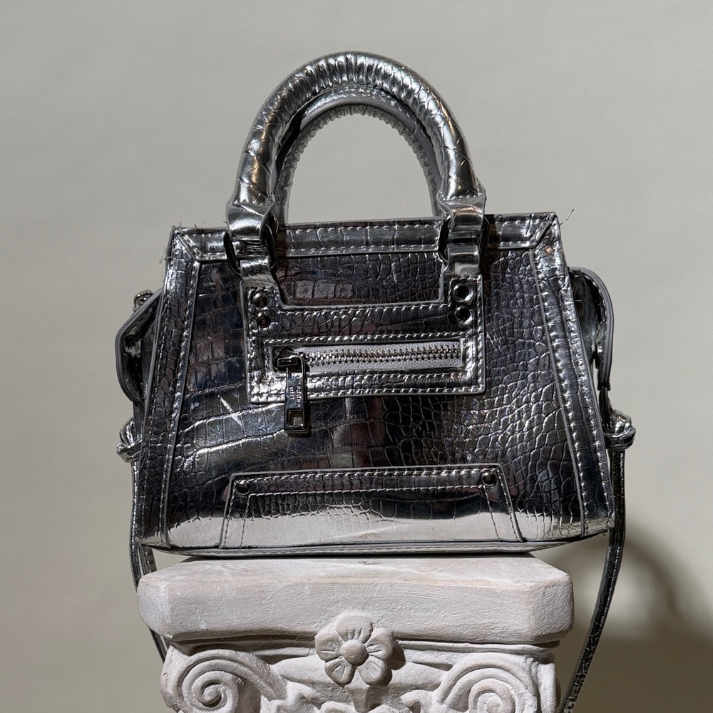 Madden Girl Metallic Faux Croc-Embossed Top-Handle Mini Bag in Silver
